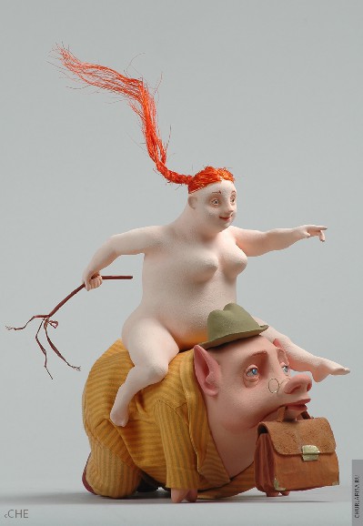 «Домработница Наташа верхом на борове Никаноре Ивановиче», фимо, высота 20 см, авторская кукла Ларисы Чуркиной.  